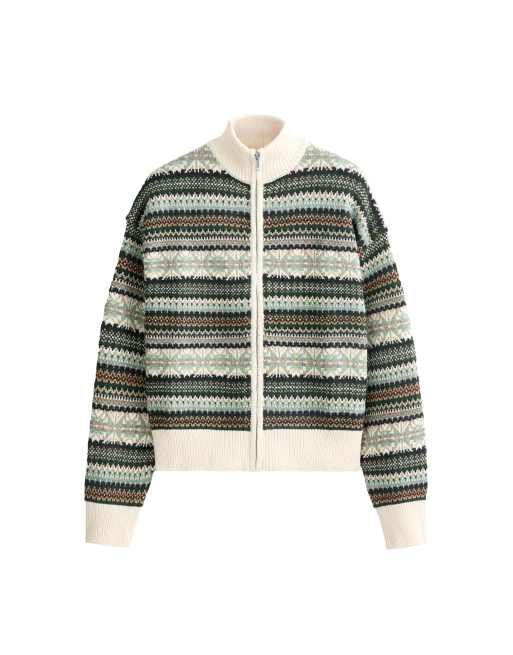OYSHO veste en maille jacquard à col montant écru et vert, 5 de 5