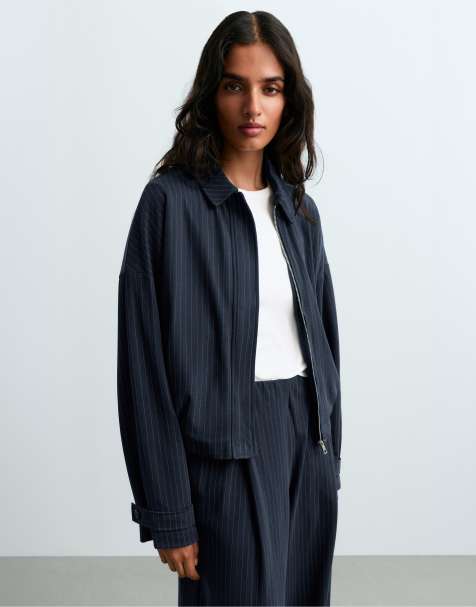 OYSHO - Veste en piqué de coton à fines rayures avec col polo - Bleu marine - view 1