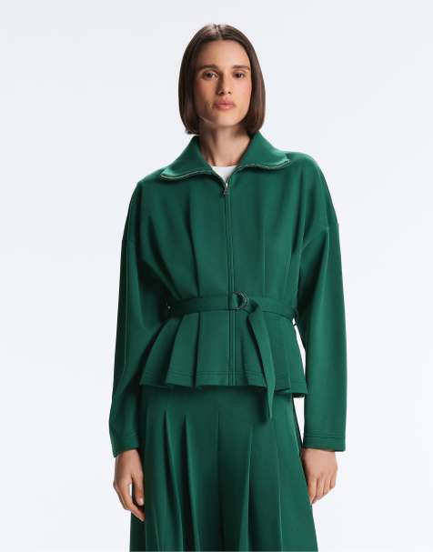 OYSHO - Veste en piqué de coton mélangé avec ceinture et détails plissés - Émeraude foncé - view 1