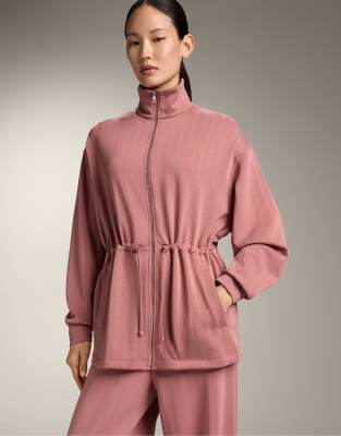 Veste longue à texture rayée avec taille réglable - Moka rosé-rose L