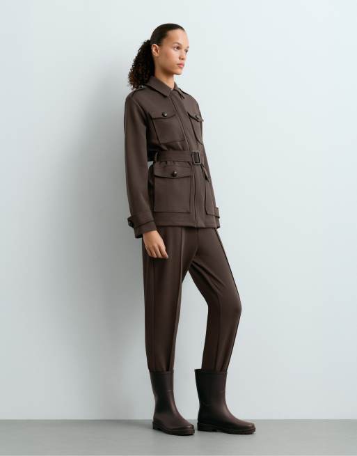 OYSHO veste longue en coton piqué avec poches marron, 5 de 6