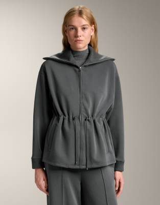 OYSHO - Veste longue en modal effet brossé avec taille ajustable et col en maille - Gris anthracite