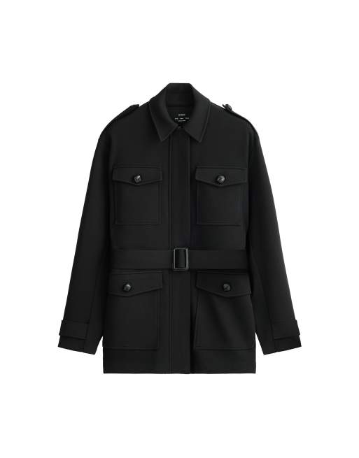 OYSHO veste longue en piqué de coton avec poches noire, 5 de 5