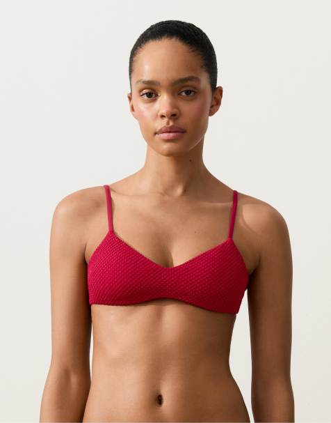 OYSHO Waffle texture triangle bikini top in bright red - view 1