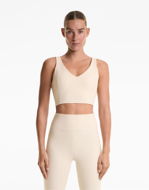 OYSHO Waffle v-neck top in ivory ecru - view 1