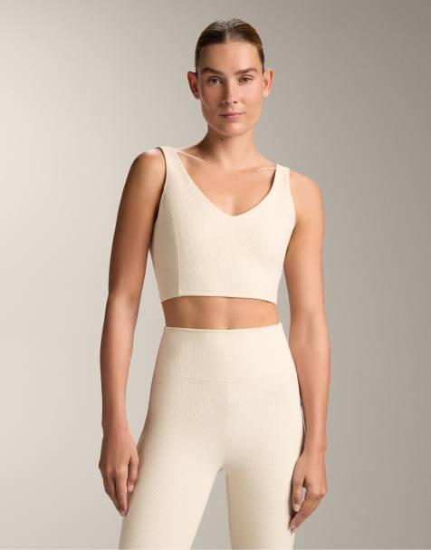 OYSHO Waffle v-neck top in ivory ecru