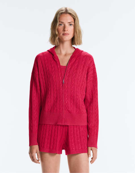 OYSHO Washed cable knit hooded jacket in red - view 1