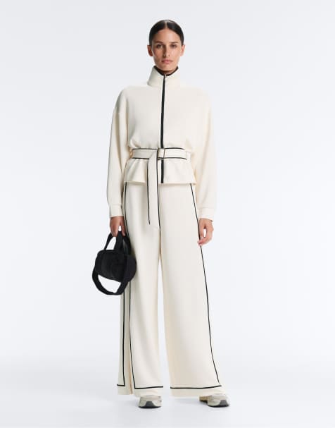OYSHO – Weiche Hose mit Modal in blassem Ecru mit weitem Bein und kontrastierender Paspelierung - view 1