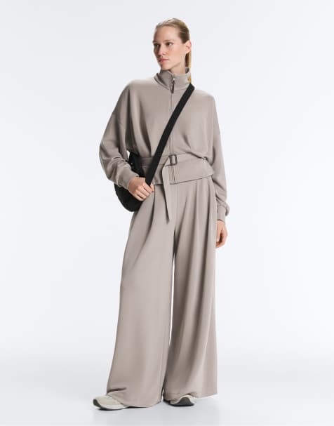 OYSHO – Weiche Modal-Hose in blassem Taupe mit weitem Bein und Korsettdetail - view 1