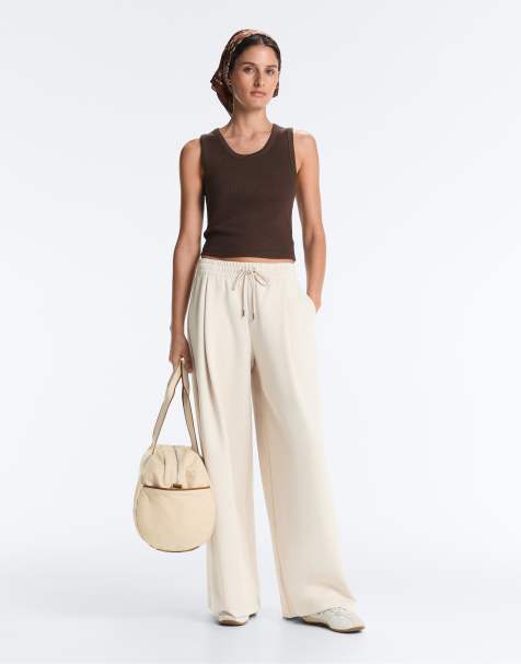 OYSHO – Weite Hose aus Pikee in blassem Nerzbeige mit Baumwollanteil und Bundfalten - view 1
