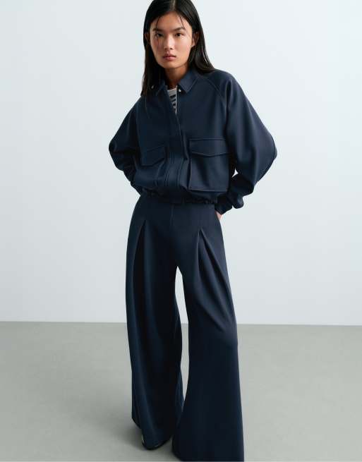 OYSHO – Weite Pikee-Hose in Marineblau mit Baumwollanteil, 3 von 5
