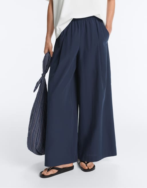 OYSHO Wide-leg 100% cotton poplin trousers in navy, 2 of 4