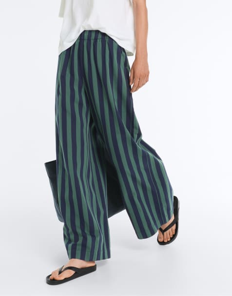 OYSHO Wide-leg cotton blend striped trousers in green - view 1