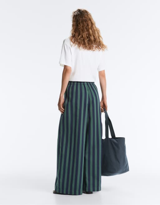 OYSHO Wide-leg cotton blend striped trousers in green, 4 of 4