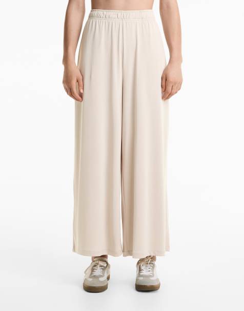 OYSHO Wide-leg floaty crop trousers with soft-touch modal in pale mink