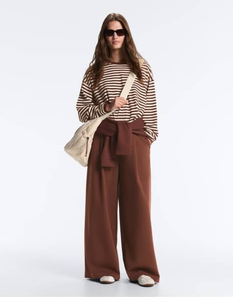 OYSHO Wide-leg high-rise piqué trousers in coffee - view 1