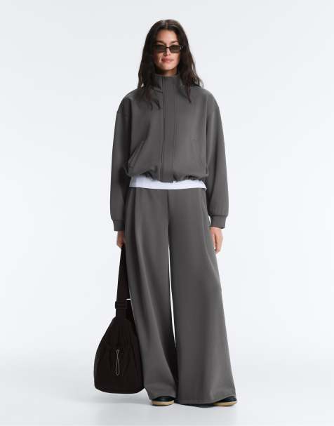 OYSHO Wide-leg high rise piqué trousers in grey - view 1