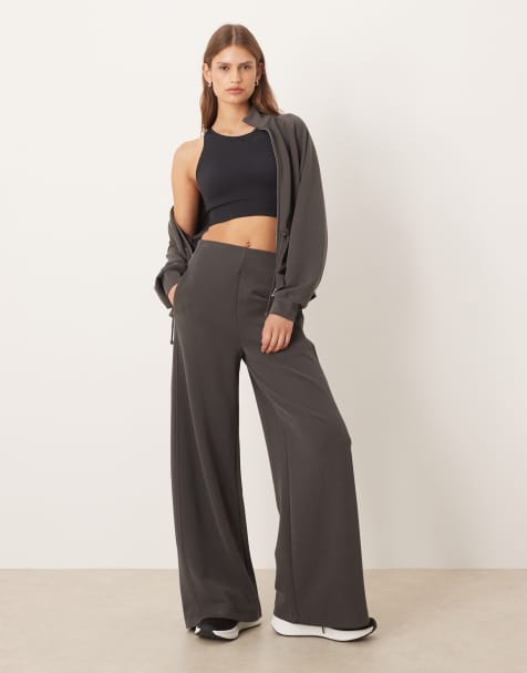 OYSHO Wide-leg high-rise rib trousers with 29% modal in dark anthracite