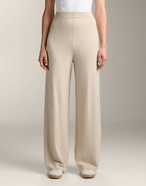 OYSHO Wide-leg knit trousers in stone - view 1