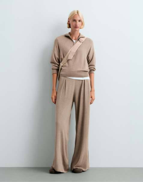 OYSHO Wide-leg pinstripe knit trousers in beige - view 1