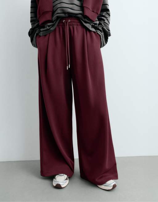 OYSHO Wide leg piqué cotton trousers in burgundy, 2 of 5