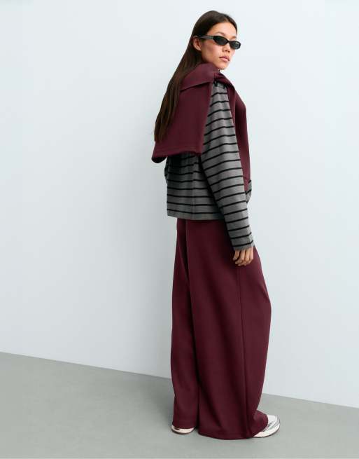 OYSHO Wide leg piqué cotton trousers in burgundy, 4 of 5