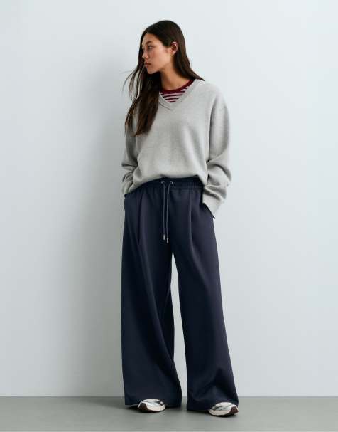 OYSHO Wide leg piqué cotton trousers in navy - view 1