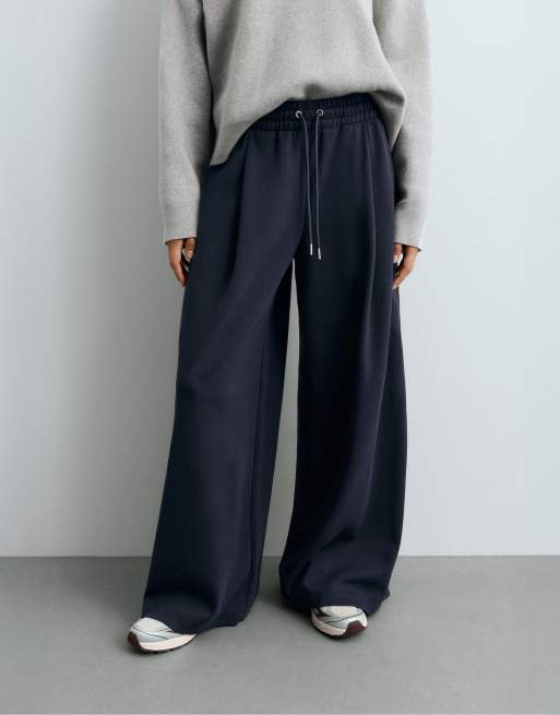 OYSHO Wide leg piqué cotton trousers in navy, 2 of 4