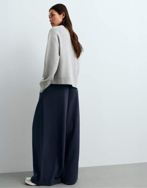 OYSHO Wide leg piqué cotton trousers in navy, 3 of 4