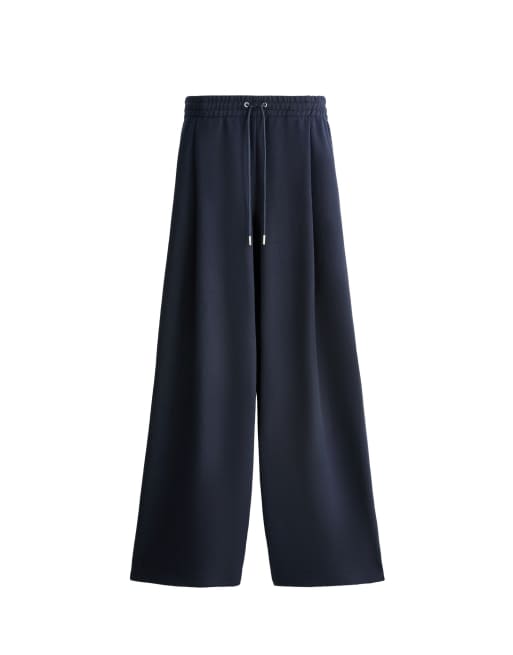 OYSHO Wide leg piqué cotton trousers in navy, 4 of 4