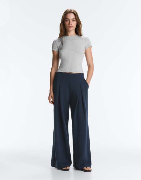 OYSHO Wide-leg pique trousers with cotton in navy - view 1
