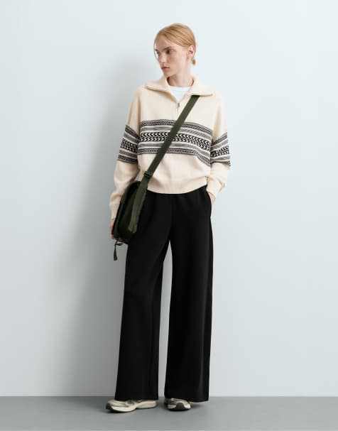 OYSHO Wide-leg rib straight trousers with brushed modal in black