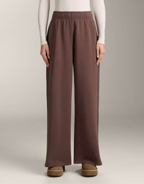 OYSHO Wide-leg rib straight trousers with brushed modal in dark brown - view 1