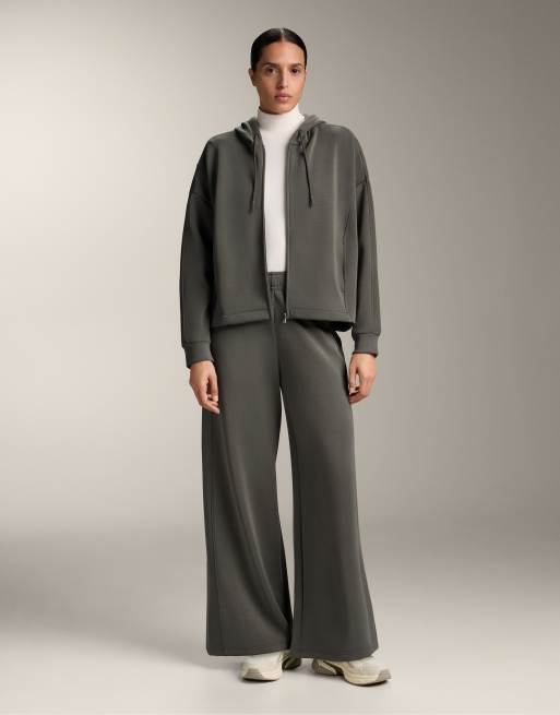 OYSHO Wide-leg straight trousers with side rib and brushed modal in dark grey, 4 of 4