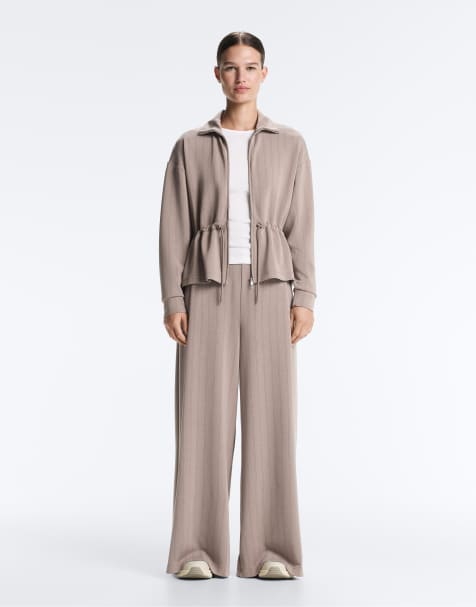 OYSHO Wide leg striped trousers with soft touch modal in pale taupe - view 1
