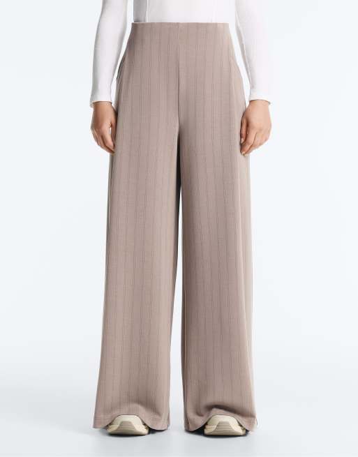 OYSHO Wide leg striped trousers with soft touch modal in pale taupe, 2 of 4