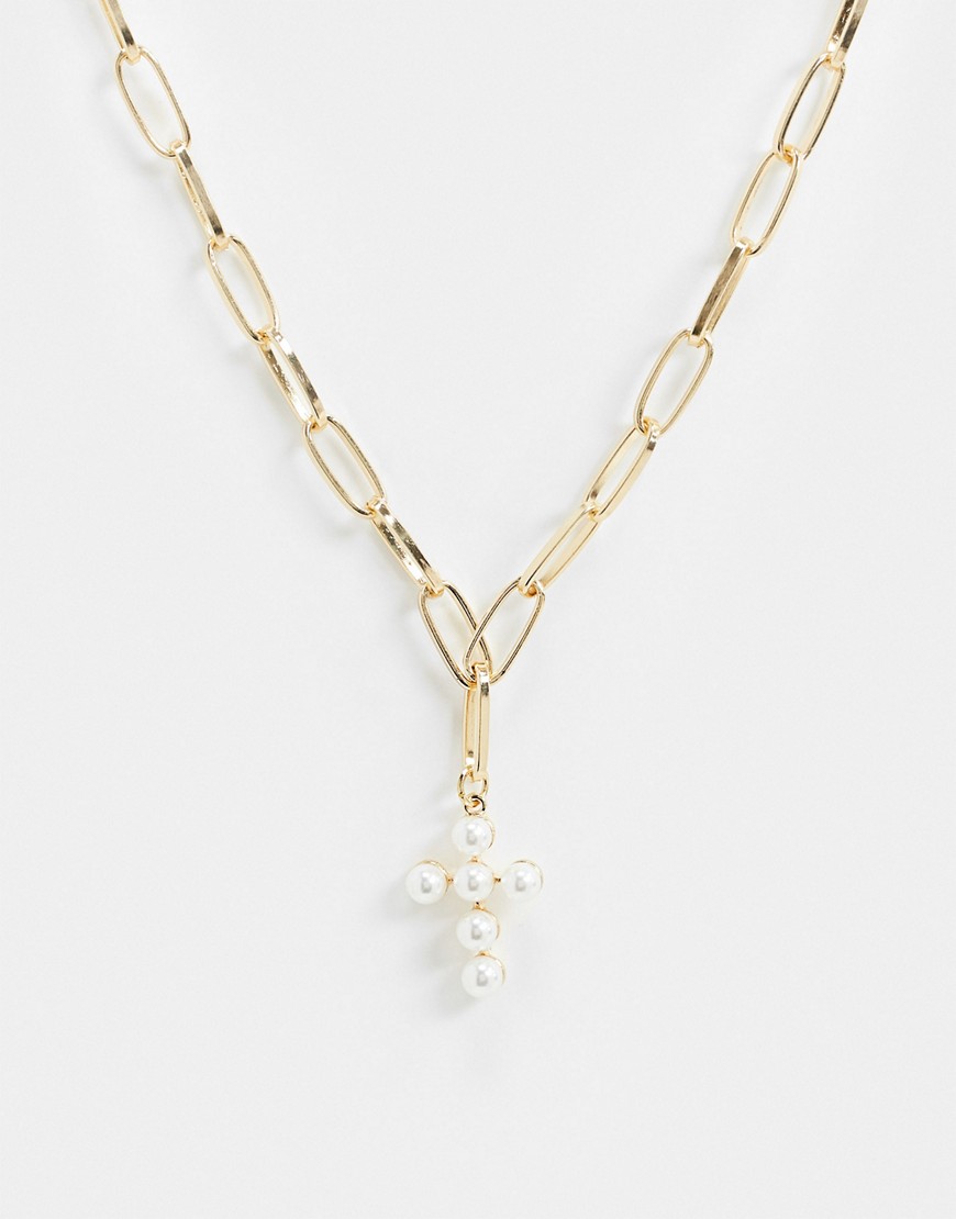 фото Ожерелье из массивной цепочки с крестом и искусственным жемчугом glamorous-золотой