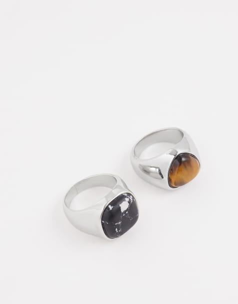 Pack 2 de anillos plateados tipo sello con piedra negra y de ojo de tigre de ASOS DESIGN - view 1