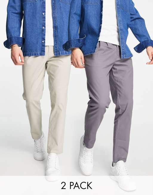 Pack ahorro de 2 pantalones chinos de color beis y gris carbón de corte cigarette de ASOS DESIGN