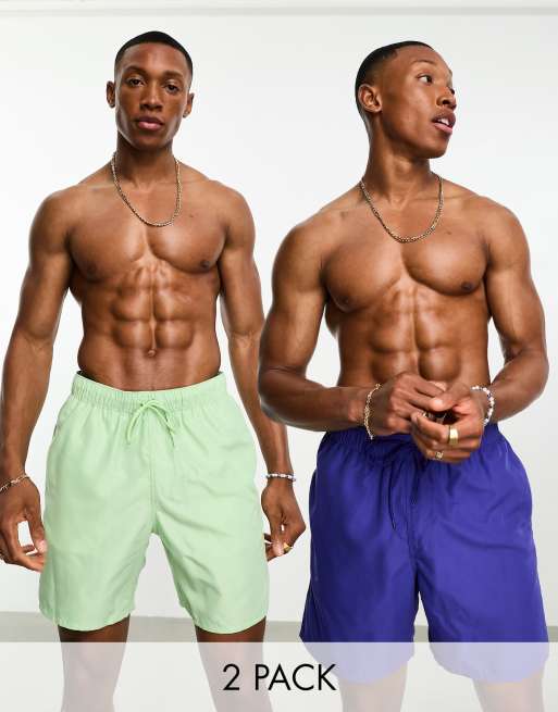 Pack ahorro de 2 shorts de baño de largo medio de color verde y azul de ASOS DESIGN
