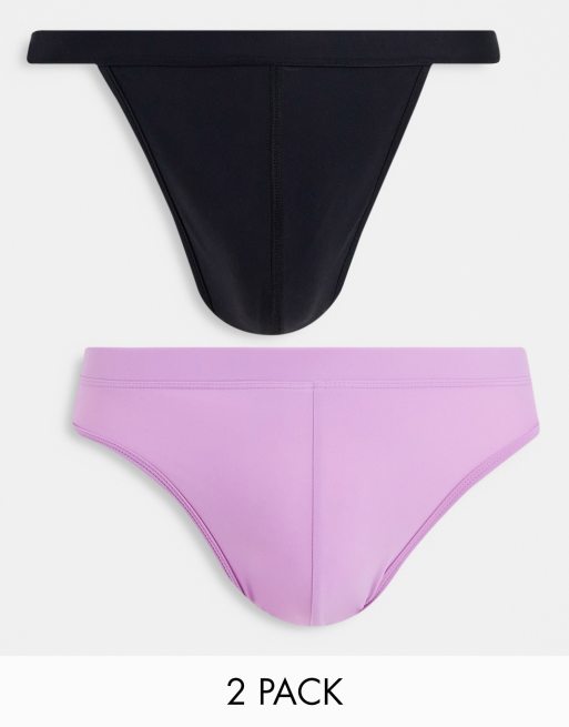 Pack ahorro de 2 slips de baño y tanga de color morado y negro de ASOS DESIGN