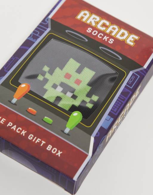 Pack de 1 par de calcetines negros con diseño de máquina recreativa y caja de regalo de Navidad de Orrsum Sock Company