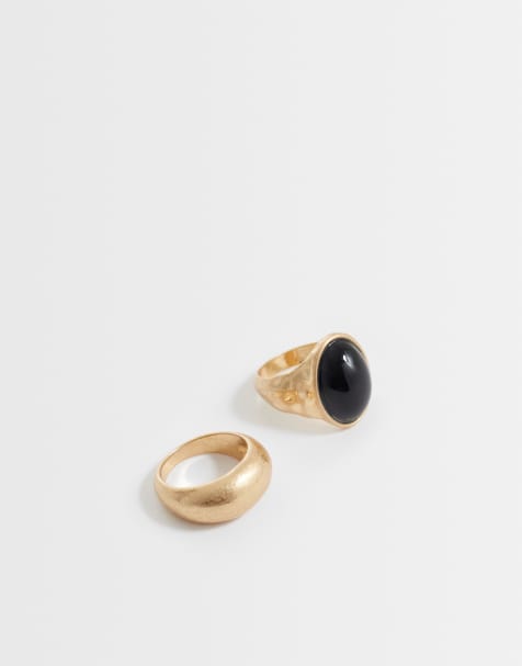 Pack de 2 anillos dorado cepillado gruesos con piedra de resina negra de ASOS DESIGN - view 1