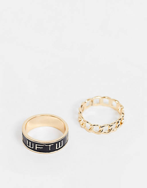 Pack de 2 anillos dorados con diseño de cadena y logo grabado de WFTW