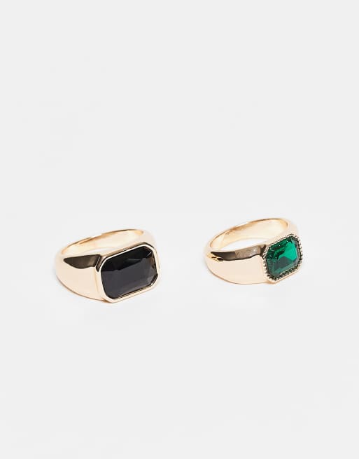 Pack de 2 anillos dorados con diseño tipo sello con piedra negra y verde esmeralda de ASOS DESIGN 