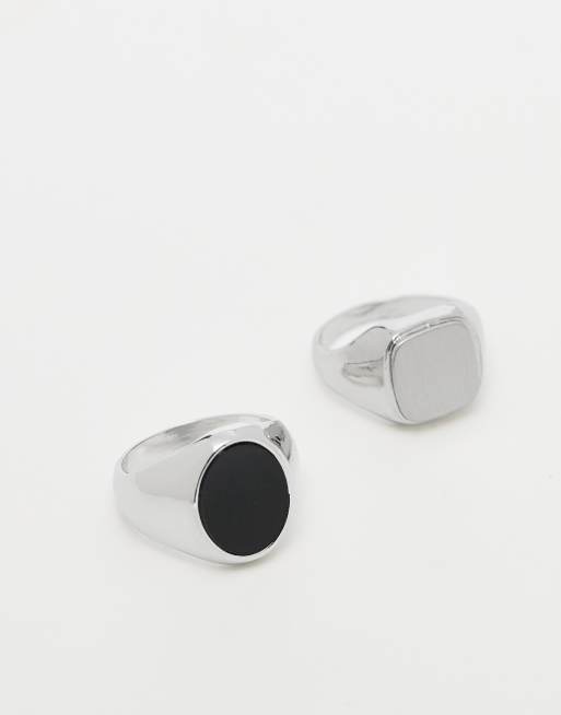 Pack de 2 anillos tipo sello plateados con piedra negra de ASOS DESIGN