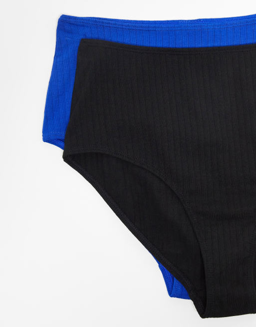 Pack de 2 braguitas de color negro y azul de talle alto de canalé de Monki, 4 de 4