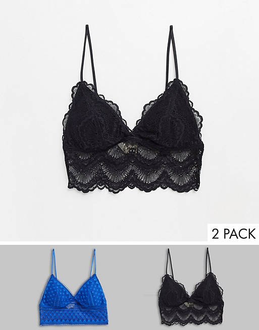 Pack de 2 bralettes triangulares largos color negro y azul de encaje Ava de Dorina
