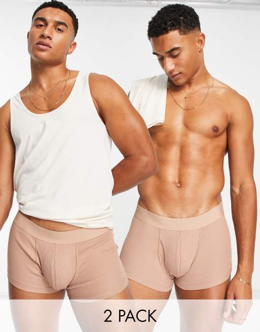 Pack de 2 calzoncillos beis oscuro de canalé de mezcla de algodón de ASOS DESIGN
