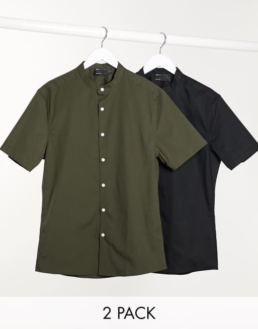 Pack de 2 camisas entalladas en color caqui y negro con cuello mao de ASOS DESIGN